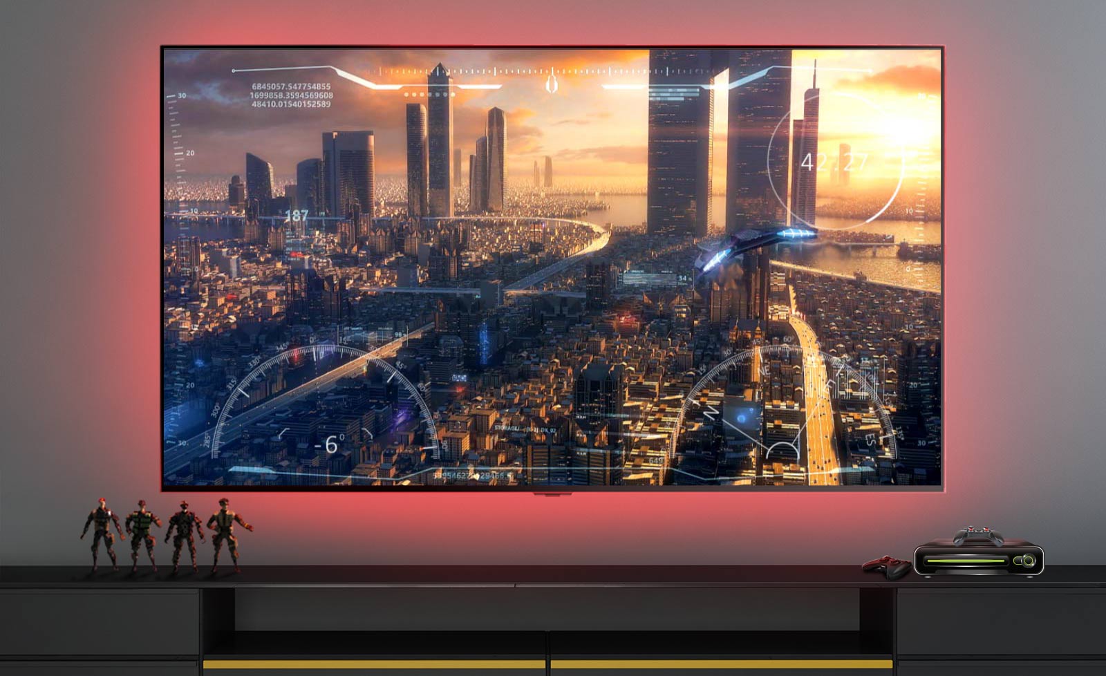 أحد مشاهد ألعاب الفيديو يوضح سفينة فضاء تحلق فوق إحدى المدن على شاشة التلفزيون (تشغيل الفيديو).