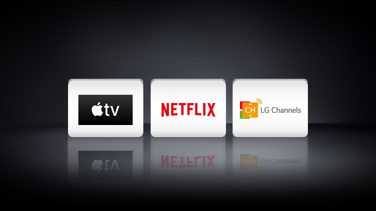 ثلاثة شعارات: تطبيق Apple TV و Netflix و LG Channels