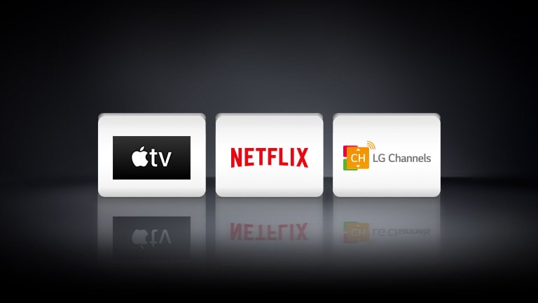 شعارات التطبيقات الثلاثة من اليسار إلى اليمين: تطبيق Apple TV، نتفليكس، قنوات إل جي