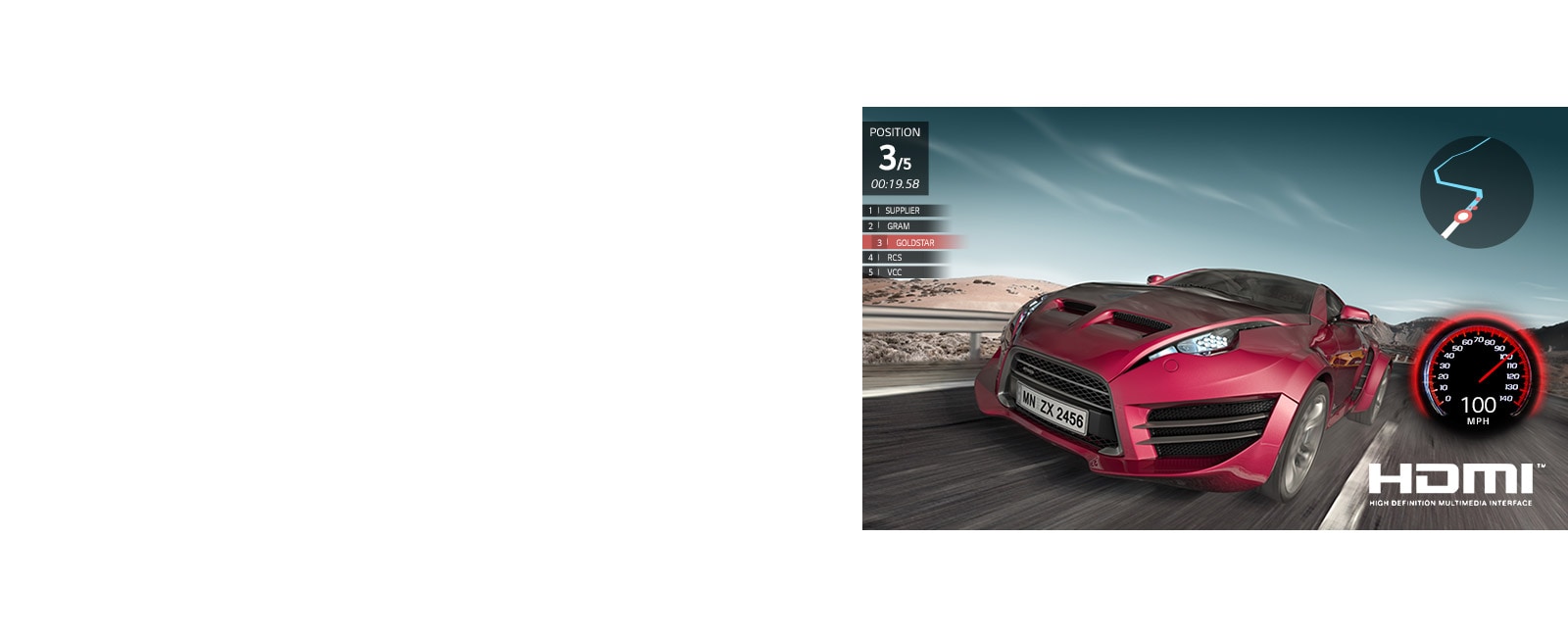 مشهد من لعبة سباق السيارات. تظهر السيارة الحمراء عن قرب في المرتبة الثالثة.