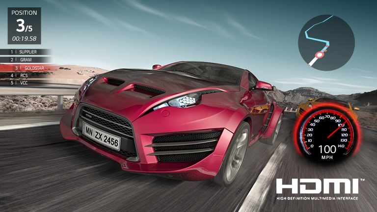 مشهد من لعبة سباق السيارات. تظهر السيارة الحمراء عن قرب في المرتبة الثالثة.