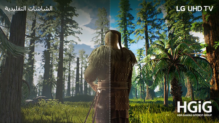 إحدى شاشات التلفزيون تعرض مشهدًا للعبة يظهر رجلا يقف وسط الغابة. يظهر النصف على شاشة تقليدية بجودة رديئة للصورة. ويظهر النصف الآخر على شاشة تلفزيون UHD من إل جي بجودة صورة واضحة ومفعمة بالحيوية.