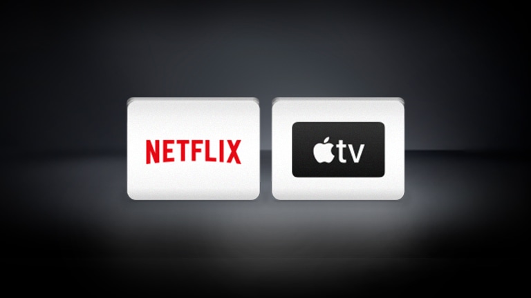 شعارات قنوات إل جي ونتفليكس وديزني+ وApple TV مرتبة أفقيًا في الخلفية السوداء.