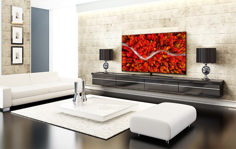 غرفة معيشة فاخرة مع تلفاز يعرض منظراً جوياً للغابات باللون الأحمر. 