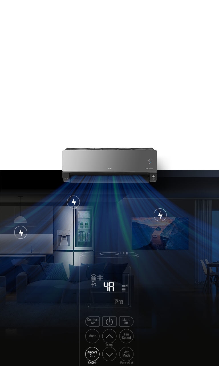 صورة مظلمة لفضاء غرفة معيشة / مطبخ في الخلفية. الثلاجة مضاءة وتحتوي على أيقونة صاعقة البرق فوقها. ويظهر جهاز التحكم عن بعد على الشاشة. الأزرار بارزة كما لو أن شخصا ما قد دفعها ويتم تغيير الإعدادات. يأتي الضوء الأزرق من مكيف الهواء في صورة هواء. التلفزيون يعمل مع ظهور أيقونة صاعقة البرق فوقه. موجة أخرى من الضوء الأزرق تأتي من مكيف الهواء في صورة هواء. الضوء في المطبخ يضيء أيقونة صاعقة البرق تحته. 