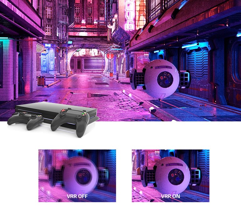 شارع مضاء باللون الوردي مع أداة روبوتية مستقبلية ووحدة تحكم في الألعاب أعلى الصورة. يوجد في الأسفل لقطتين مقربتين للأداة الروبوتية، حيث تقنية VRR متوقفة بالجانب الأيسر غير الواضح بينما تعمل VRR بالجانب الأيمن حيث الصورة الواضحة.