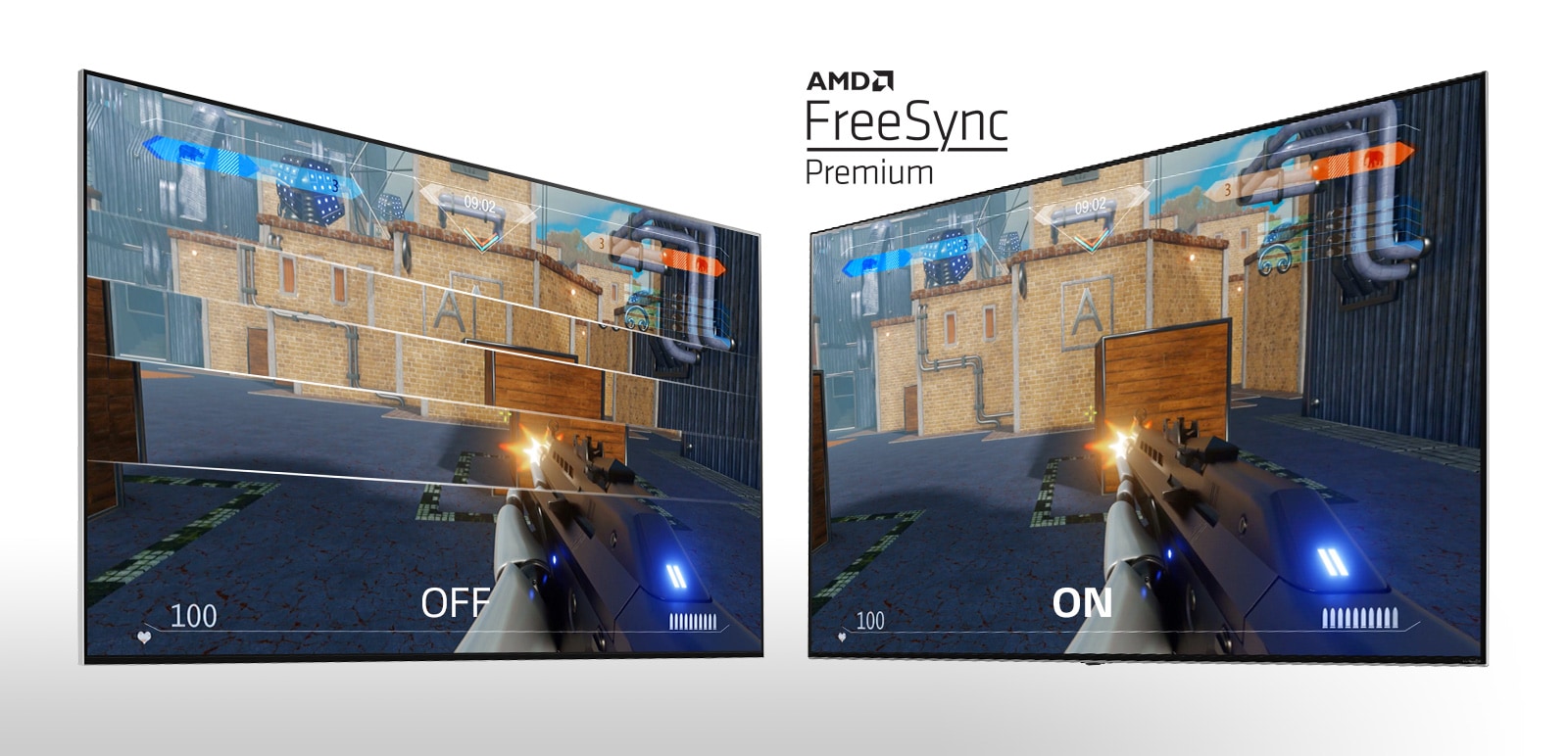 شاشتا تلفاز متجاورتين تعرضان لعبة إطلاق نار.  تظهر الشاشة اليسرى FreeSync في وضع إيقاف التشغيل، بينما تظهر الصورة اليمنى FreeSync في وضع التشغيل. 
