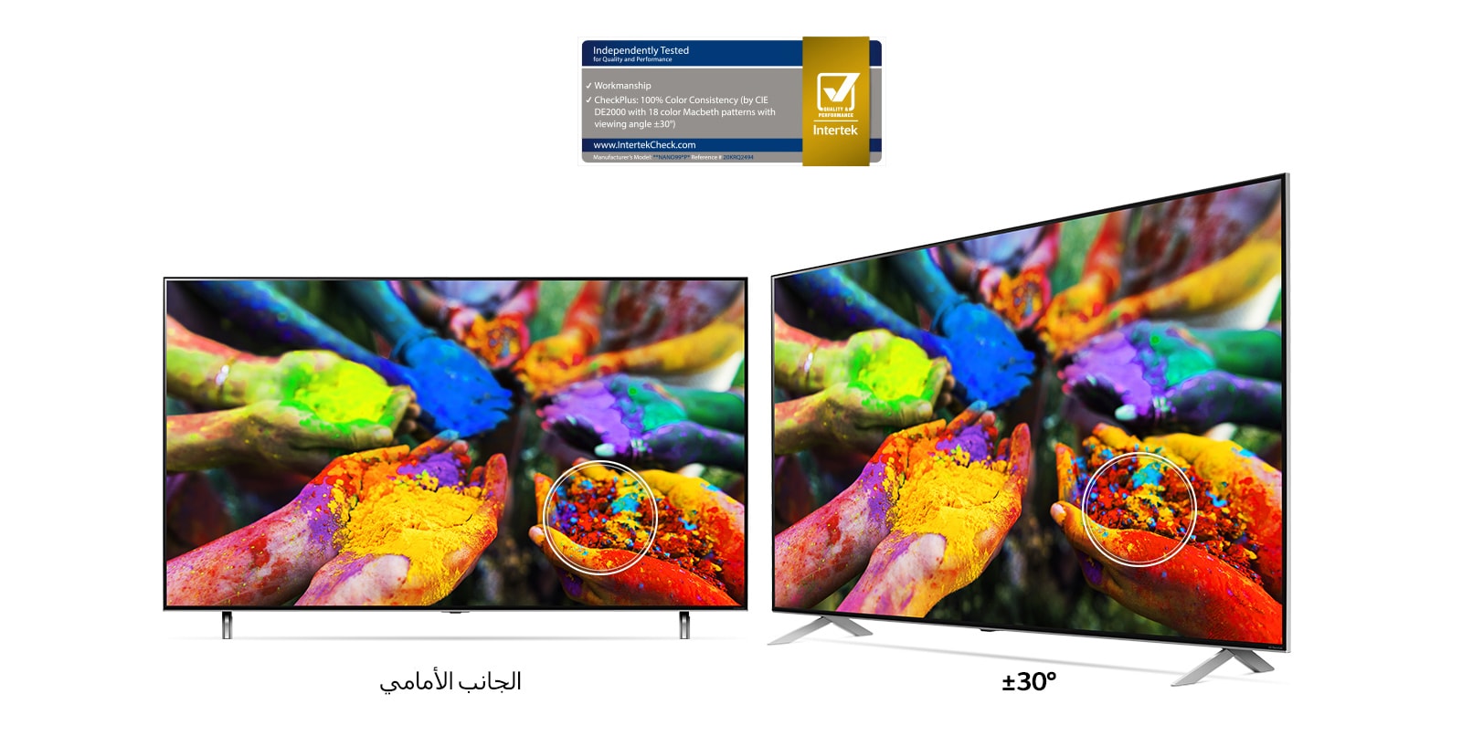 تلفازان LG NanoCell جنبًا إلى جنب يعرضان صورة للأيدي تمسك بجزيئات صبغية متعددة الألوان من الأمام وبزاوية عرض خارج بعيداً عن المركز.  تظل الصورة حية ودقيقة باستمرار من كلا الزاويتين. 