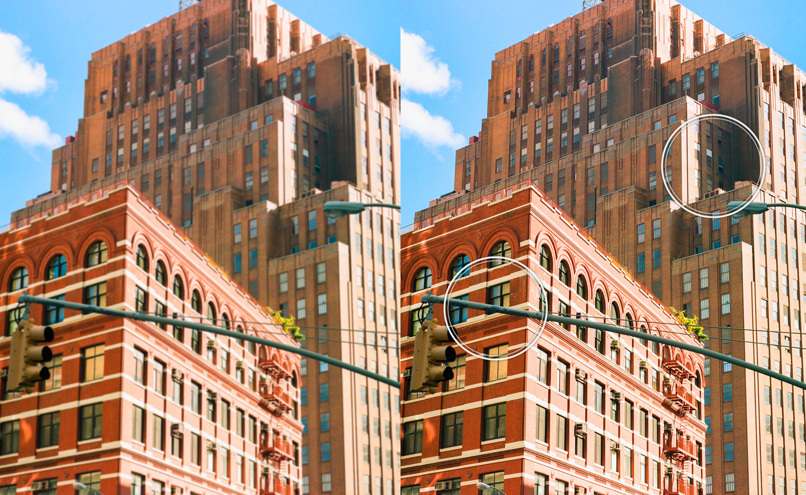 صورة متقابلة لمباني المدينة ذات الطوب الأحمر.  الصورة على اليمين أكثر دقةً ووضوحًا، وتُظهر كيف يمكن تحسين الصورة باستخدام ترقية AI 8K. 
