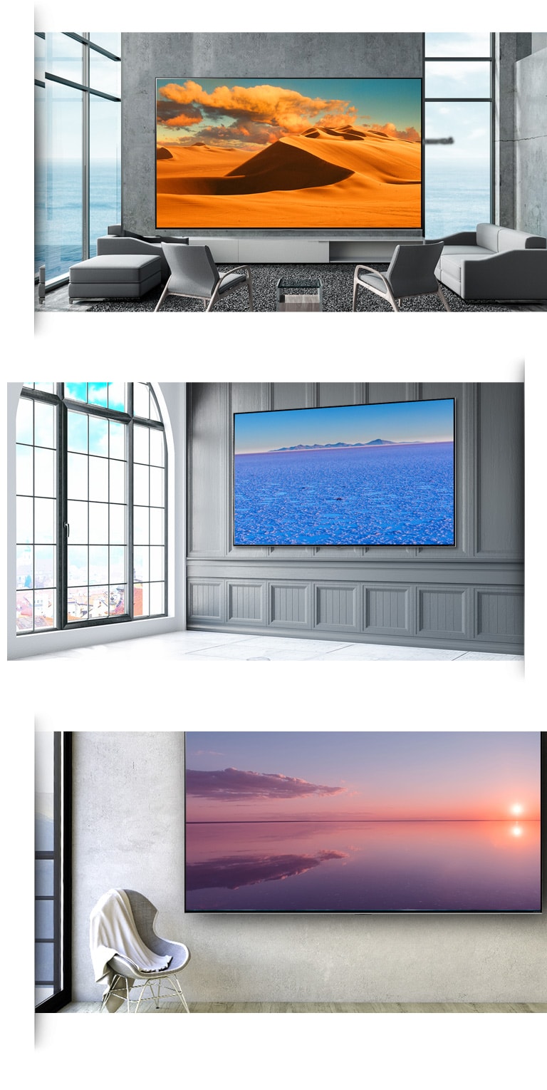 ثلاث صور لشاشات مسطحة كبيرة مثبتة على الحائط بتصميمات داخلية حديثة مختلفة. 