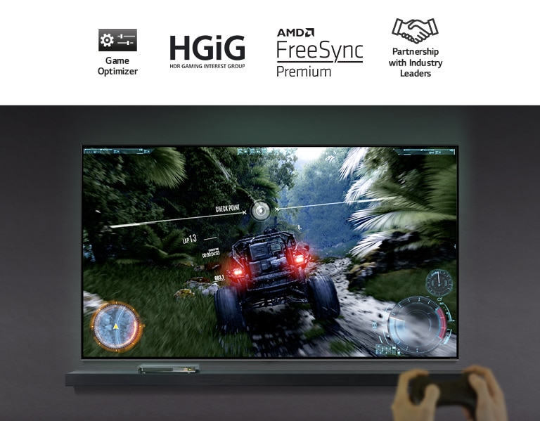 زوجان من الأيدي يحملان وحدة تحكم في الألعاب أمام جهاز تلفاز.  تظهر على الشاشة سيارة تسير على طول مسار ترابي عبر غابة. 