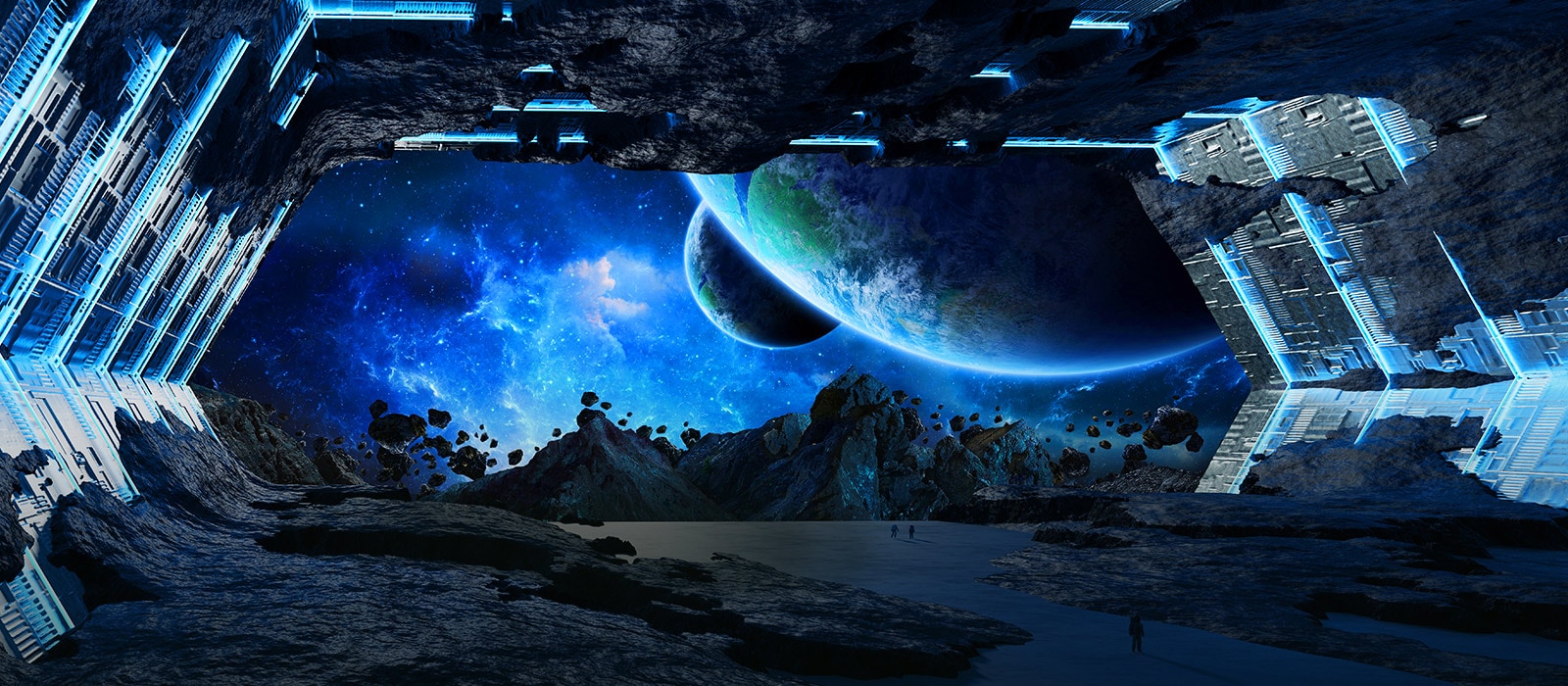 مشهد لحيز صخري مع كوكب كبير يظهر بالزاوية اليمنى العلوية للشاشة.