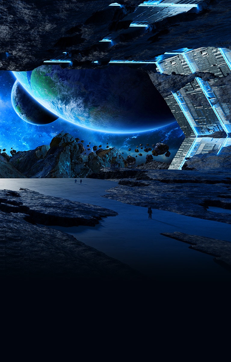 مشهد لحيز صخري مع كوكب كبير يظهر بالزاوية اليمنى العلوية للشاشة.