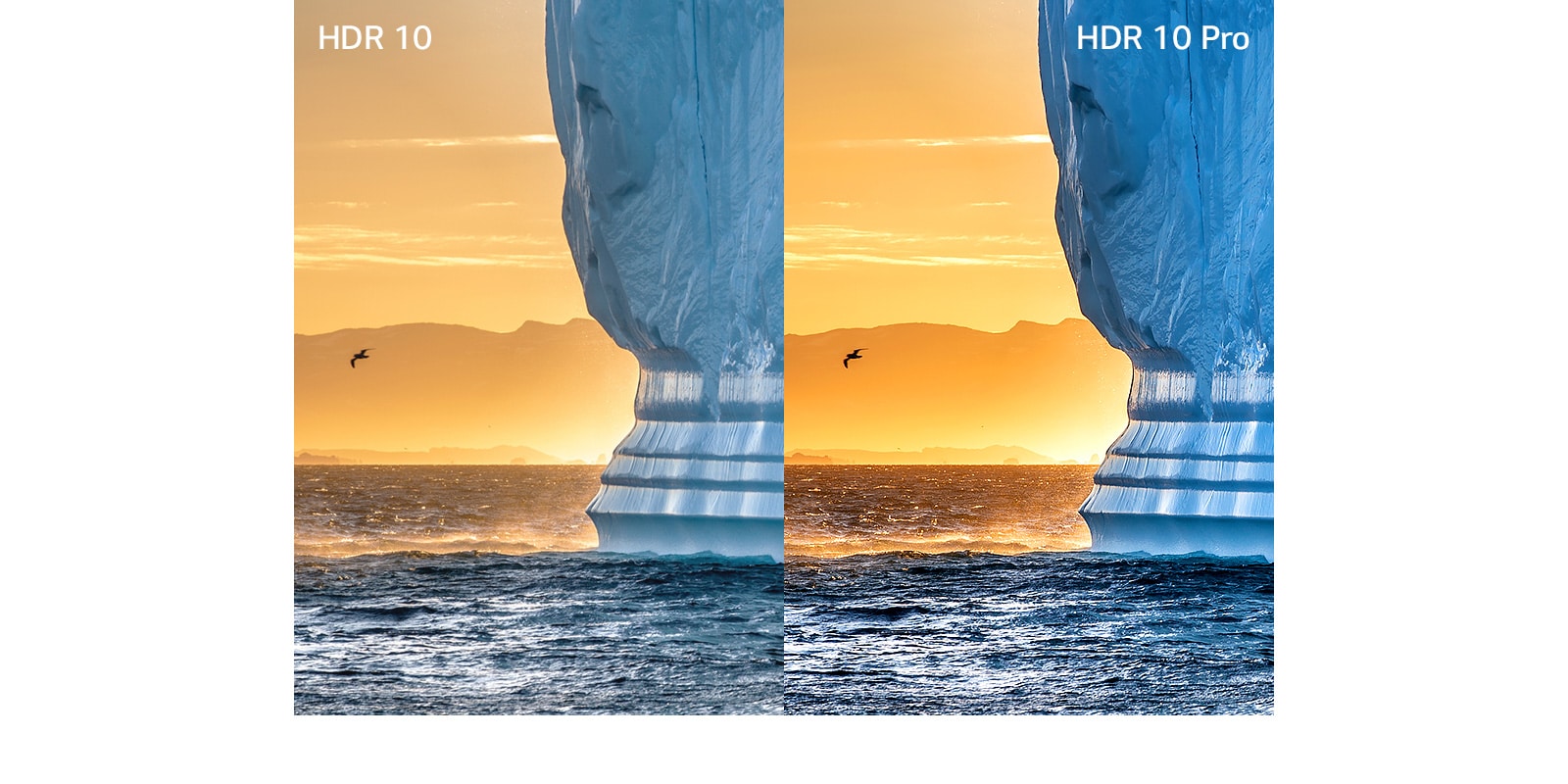 صورة لجرف كبير ينبثق من الماء على خلفية غروب الشمس البرتقالي. يظهر بالجانب الأيسر الصورة بتقنية HDR، وبالجانب الأيمن بتقنية HDR 10 Pro التي تتميز بمزيد من التفاصيل.