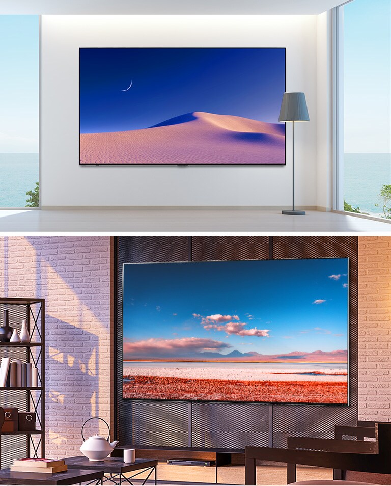 صورتان لتلفزيون بشاشة مسطحة كبيرة مثبت على الجدار في تصميمات داخلية حديثة. تعرض الشاشات مشاهد طبيعة.