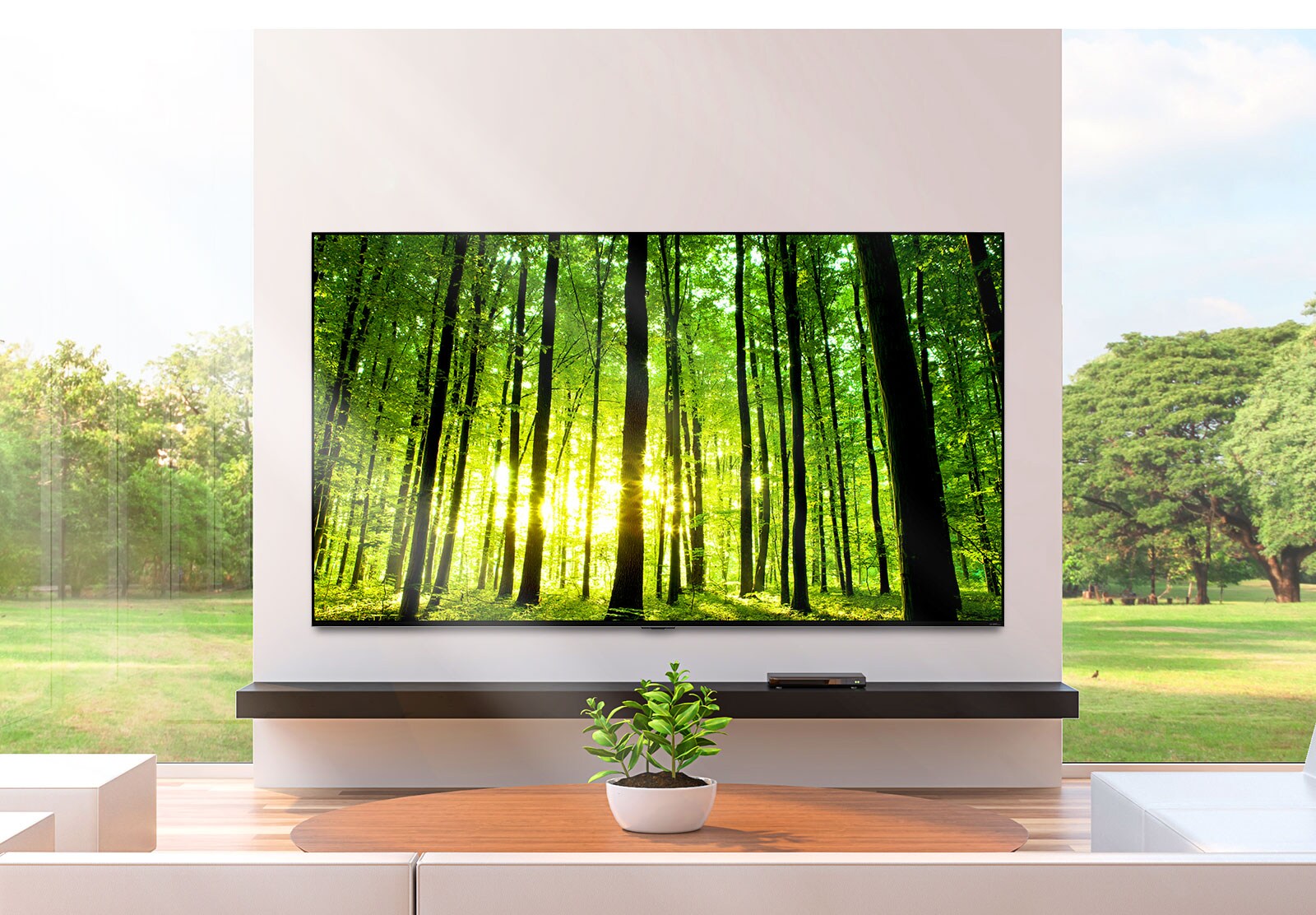 تلفزيون بشاشة مسطحة كبيرة مثبت على الجدار أمام نوافذ ممتدة من الأرض حتى السقف. نبتة صغيرة موضوعة على طاولة القهوة أمام التلفزيون.
