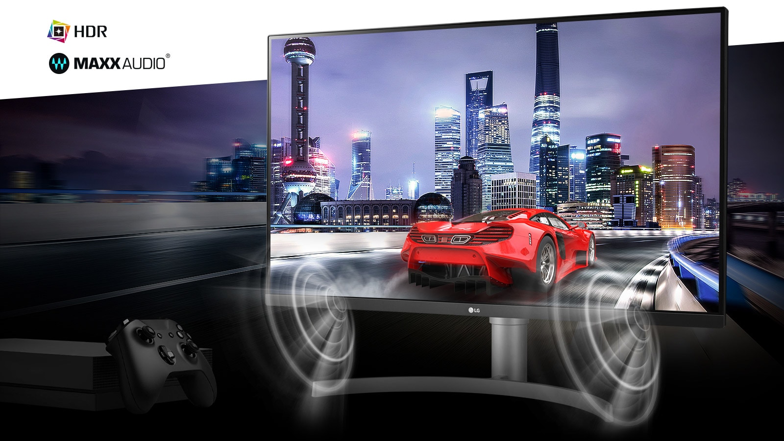 مشهد سيارة الألعاب من لعبة وحدة التحكم الحقيقية الغامرة بدقة 4K HDR مع MAXXAUDIO®