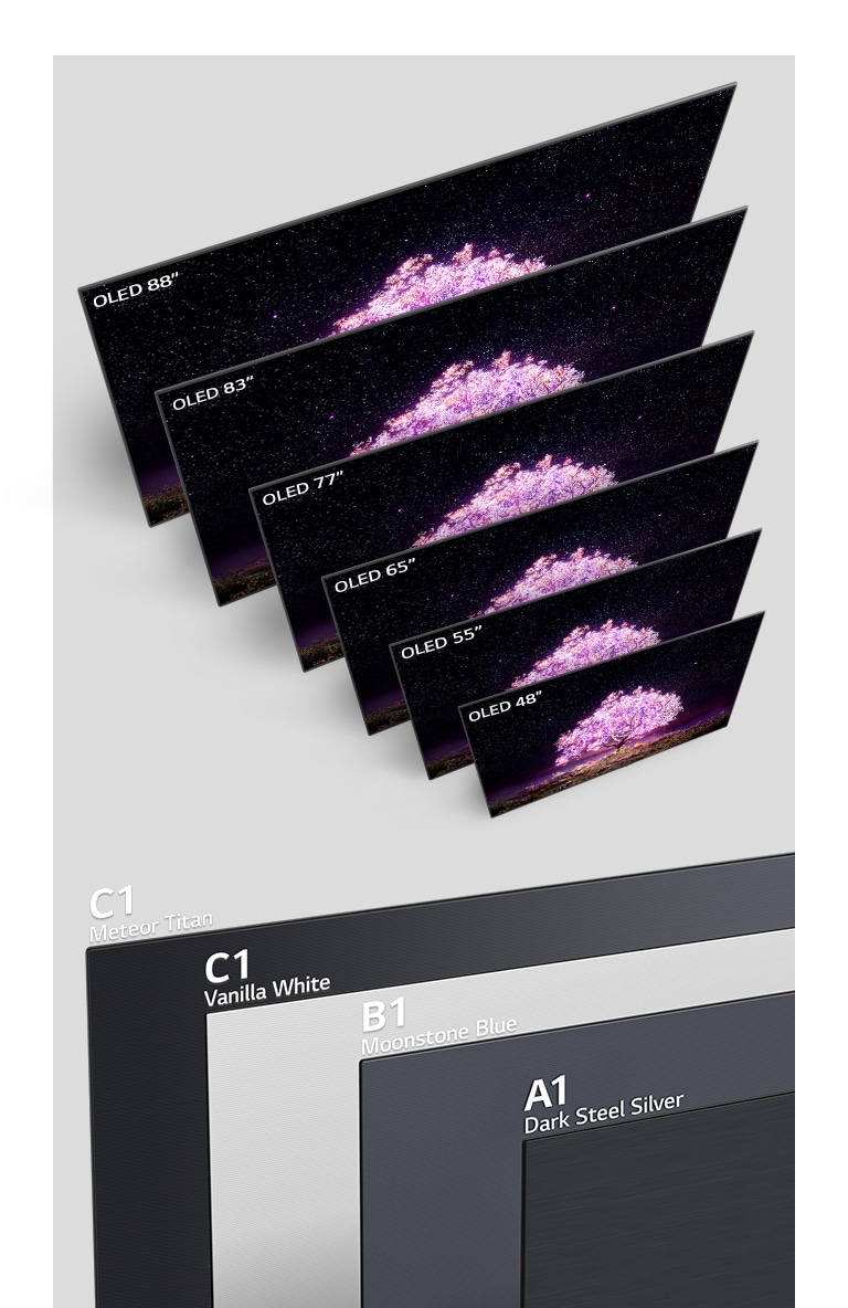 "أحجام مختلفة من التلفزيون تعرض شجرة لامعة باللون الوردي على التوالي. منظر خلفي لجهاز تلفزيون بلون النيزك تيتان مع ظهور C1 أعلى اليسار. منظر خلفي لجهاز تلفزيون أبيض بلون الفانيليا مع ظهور C1 أعلى اليسار. منظر خلفي لجهاز تلفزيون أزرق بلون سليكات الألمنيوم مع ظهور B1 أعلى اليسار. منظر خلفي لجهاز تلفزيون باللون الفضي الفولاذي الداكن مع ظهور A1 أعلى اليسار."