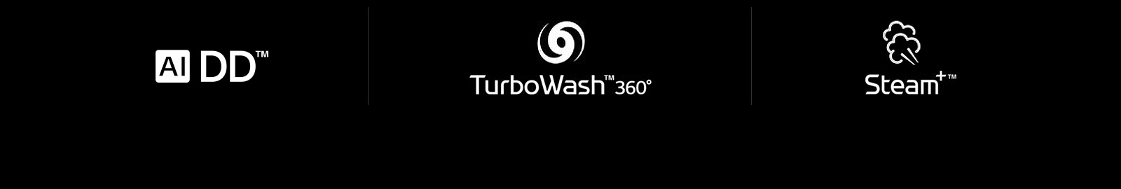 صف يوضح أربعة من علامات إل جي: علامة الدفع المباشر تقنية الذكاء الاصطناعي علامة TurboWash 360 علامة البخار