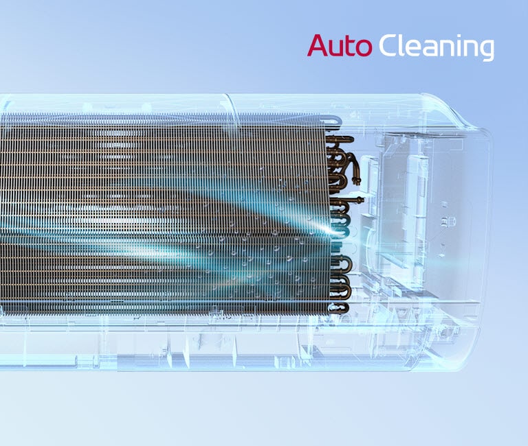 The front view of the LG air conditioner with the exterior completely invisible so the inner workings of the machine can be seen. The machine is working and then a blue light, the auto cleaning mechanism, turns on and washes across the machine with a blue light. The AutoCleaning logo is in the upper right corner.