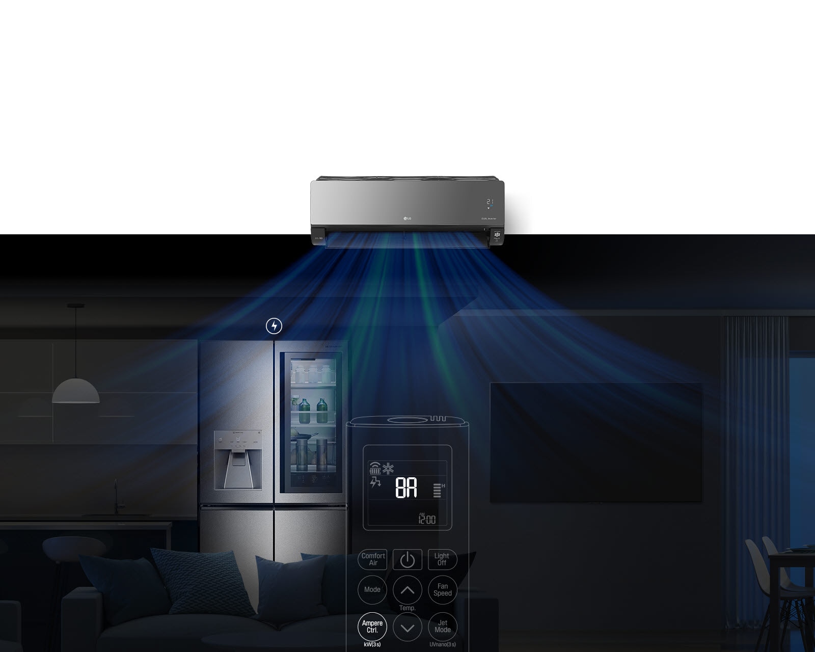 A dark image of a living room/kitchen space is in the background. The refrigerator is lit up and has a lightning bolt icon above it.The remote control device comes onto the screen. The buttons are highlighted as if someone has pushed them and the settings change. A blue light comes from the air conditioner as air. The TV turns on and the lightning bolt icon appears above it. Another burst of blue light comes from the air conditioner as air. The light in the kitchen turns on and the lightning bolt icon below it. 