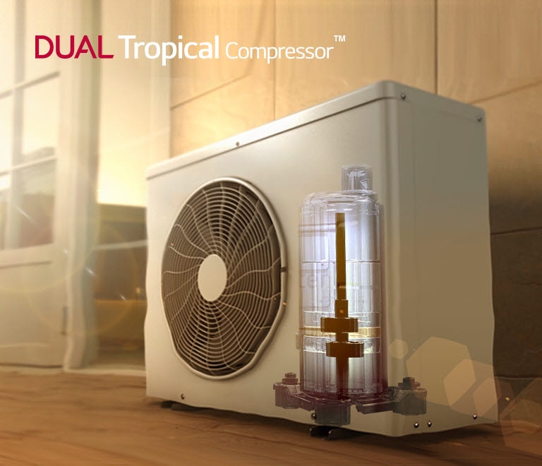 An Air conditioner system is outside of a door on a patio. The exteroir is see through so the machinery inside is lit up and visible. The DUAL Tropical Compressor logo is visible in the corner.