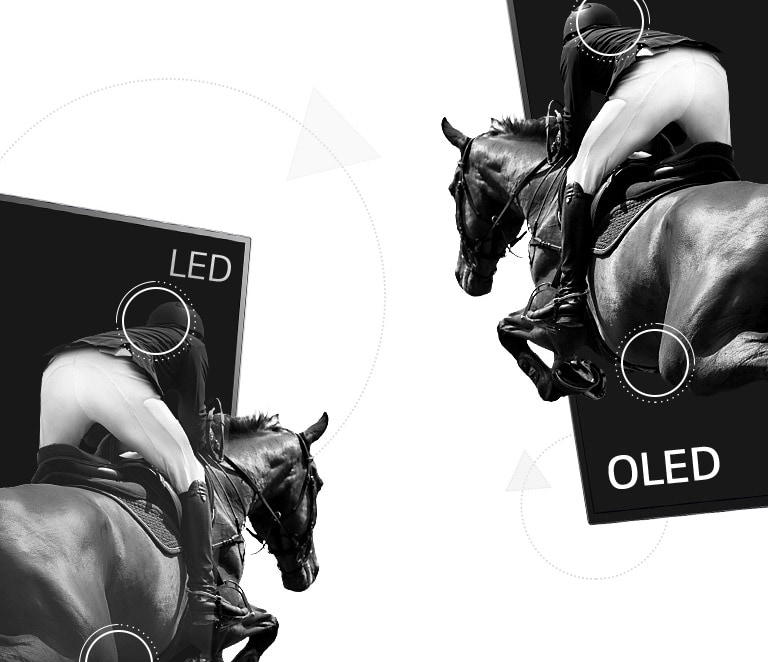 A scene of horseback riding on LED with poor contrast and other half on OLED with infinite contrast(play the video)