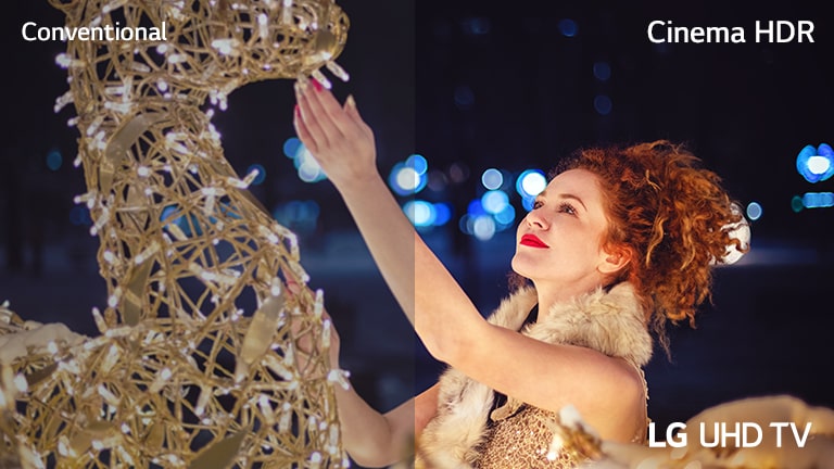 A scene of a woman touching an exhibit covered with small light bulbs is divided in half for visual comparison. On the image, there are texts of Conventional on the upper left, Cinema HDR on the upper right, and LG UHD TV on the bottom right.