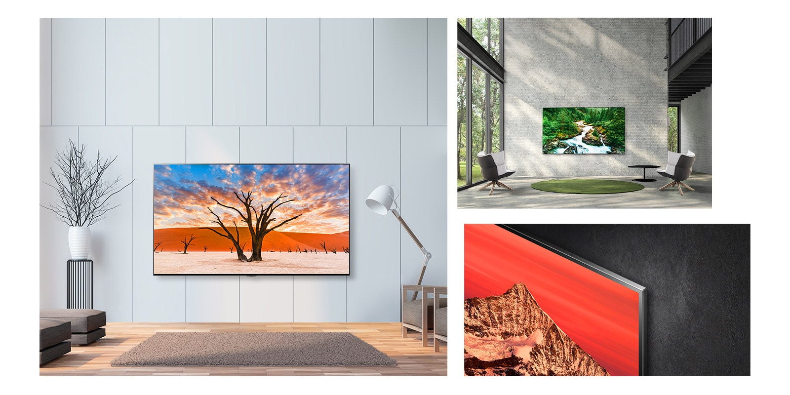 Three scenes of the slim and large LG QNED Mini LED hung artfully on a wall.