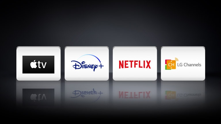 Four app logos shown from left to right: Apple TV, Disney+, Netflix and LG Channels.