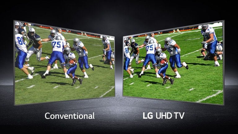 A picture of players playing on a football field shown at views. One shown on a conventional screen and one on an UHD TV.