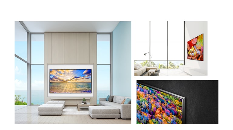 Three scenes of the LG NanoCell TV hung beautifully in a home showing the slim, wall mounted design.