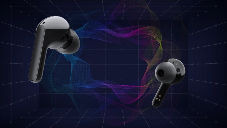 An image of two earbuds floating in a virtual space with colorful lighting surrounding the space