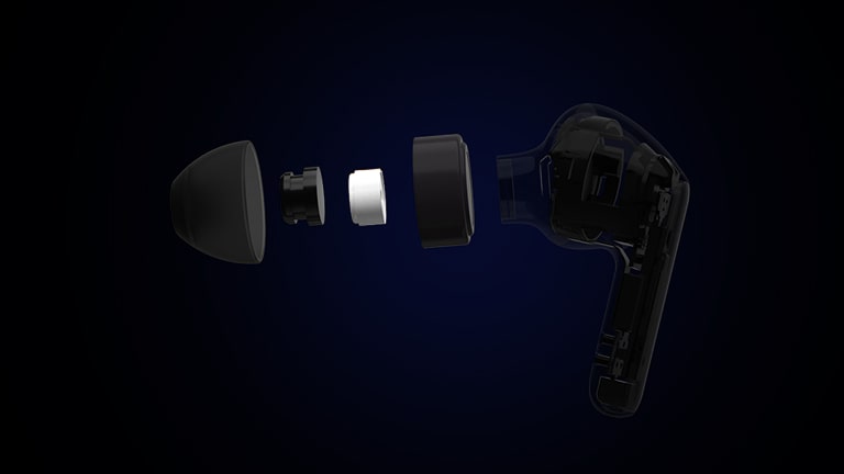 An image of a black earbud that is separated into four parts to show the intricate technology engineered in it