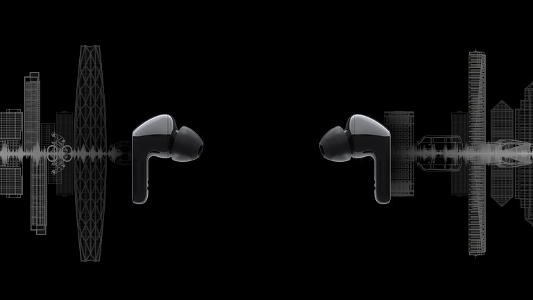 An image of two earbuds facing each other and a silhouette of a cityscape is illustrated behind each earbud