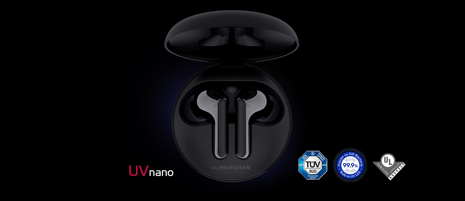 An image of the cradle opened up with earbuds sitting inside it and blue lighting shining to highlight the UVnano feature