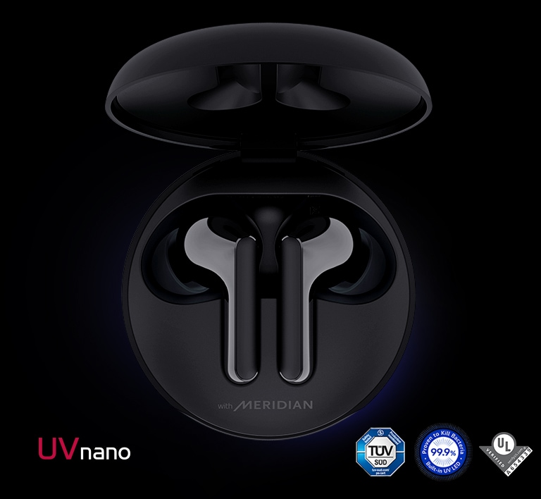 An image of the cradle opened up with earbuds sitting inside it and blue lighting shining to highlight the UVnano feature