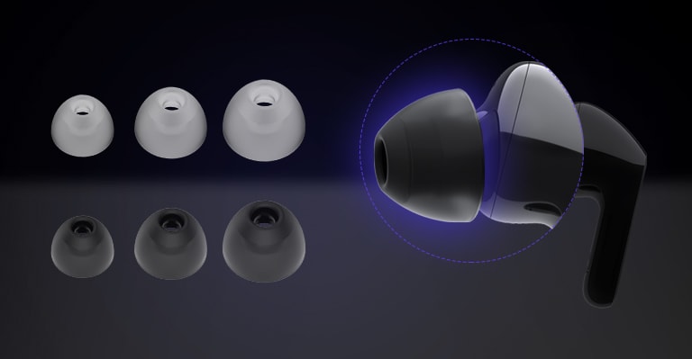 An image of a black earbud and two sets of three different sized ear gels