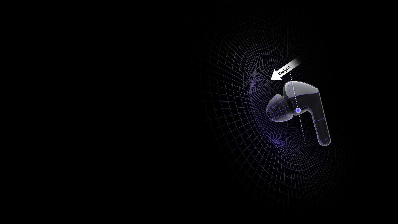 An image of an earbuds in a virtual space with diagrams showing that the weight is centered on the head of the earbud