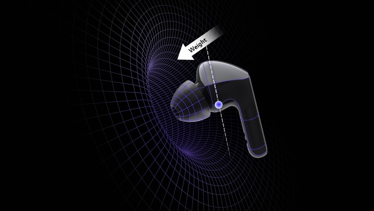 An image of an earbuds in a virtual space with diagrams showing that the weight is centered on the head of the earbud