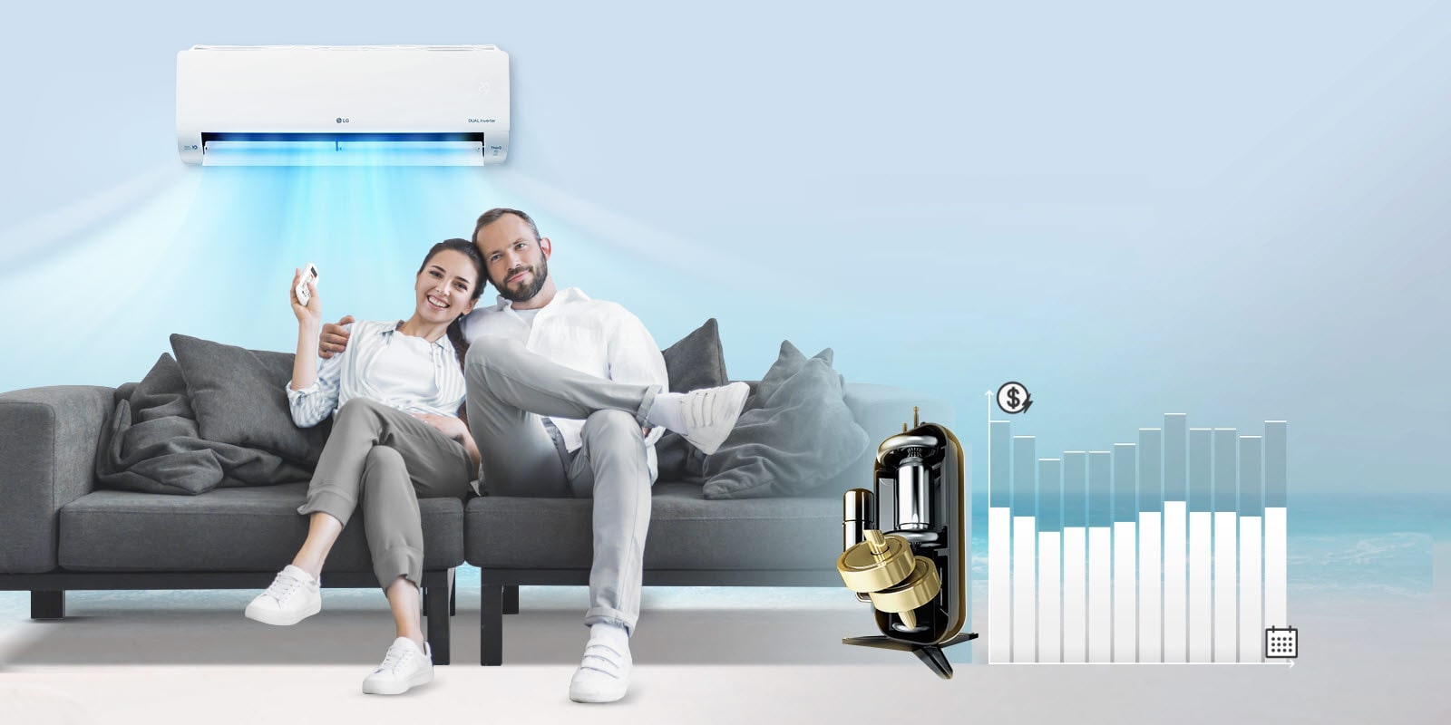 A couple sit on a couch with the air conditioner behind them blowing blue air out as they smile comfortably. To the right is a line graph representing how much money can be saved on electricity bills and a drawing of the inside of the air conditioner.The line graph moves from the top lower as the air conditioner saves the couple money.