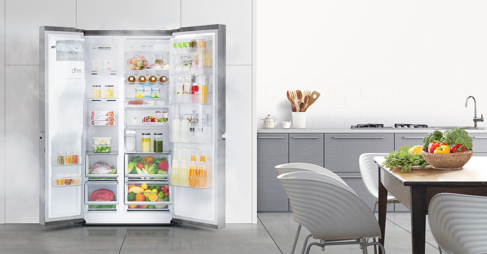 The refrigerator can be seen from the front with both doors open and the interior fully stocked with a slight mist coming out indicating it's cold.