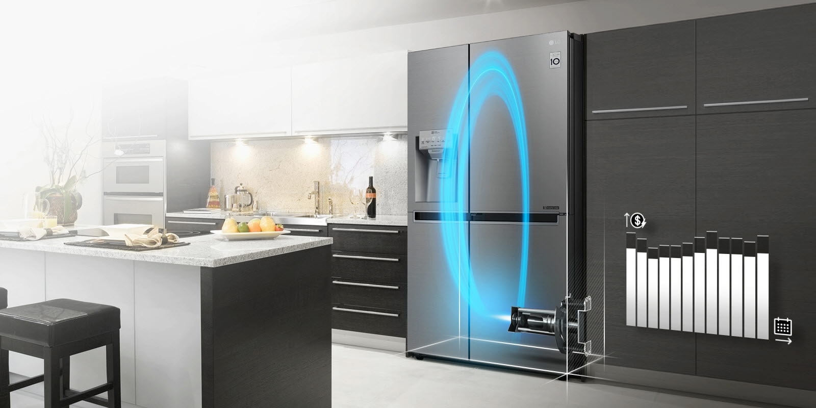 The refrigerator is installed in a kitchen and the exterior is see-through to allow seeing inside to the LG Inverter Linear Compressor which is lit up blue and making a circle inside.A line graph representing money saved over time starts high and then settles lower to show this refrigerator saves money.