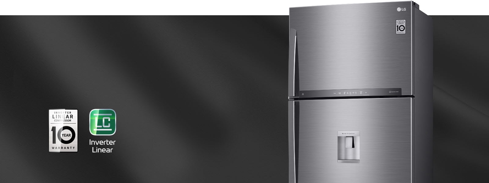 The black refrigerator sits slightly angled with the front doors closed against a black backdrop.The Inverter Linear Compressor 10 Year Warranty Logo and Inverter Linear Logo shine as a ray of light glides over them.