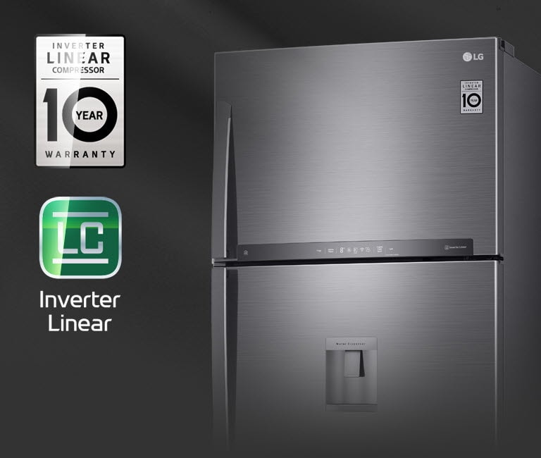 The black refrigerator sits slightly angled with the front doors closed against a black backdrop.The Inverter Linear Compressor 10 Year Warranty Logo and Inverter Linear Logo shine as a ray of light glides over them.