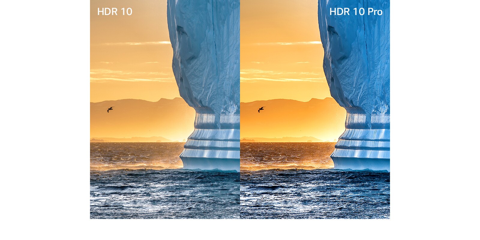An image of a large cliff emerging from the water against an orange sunset. The left shows the image in HDR, and the right in HDR 10 Pro with greater detail.