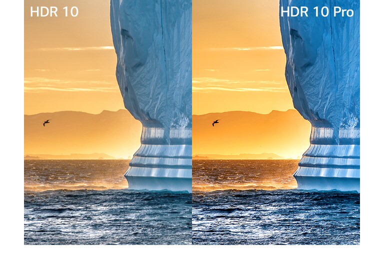 An image of a large cliff emerging from the water against an orange sunset. The left shows the image in HDR, and the right in HDR 10 Pro with greater detail.