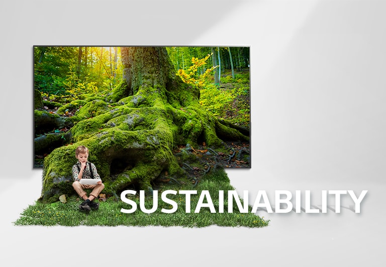 A root of a giant tree is coming out from a tv screen and covering a floor with a grass. A child is sitting on the grass.