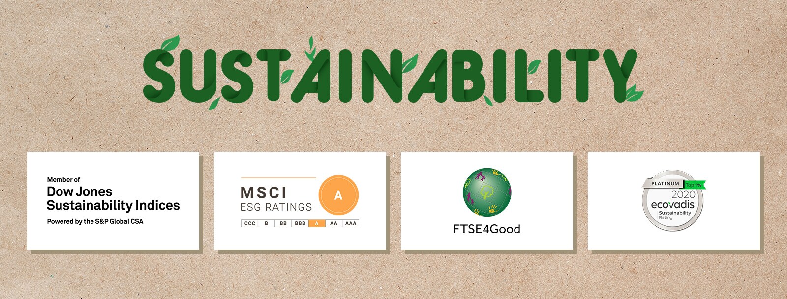 A logo of Dow Jones Sustainability Indices. A logo of FTSE4Good. A logo of Ecovadis Sustainability Rating. A logo of MSCI ESG Ratings.