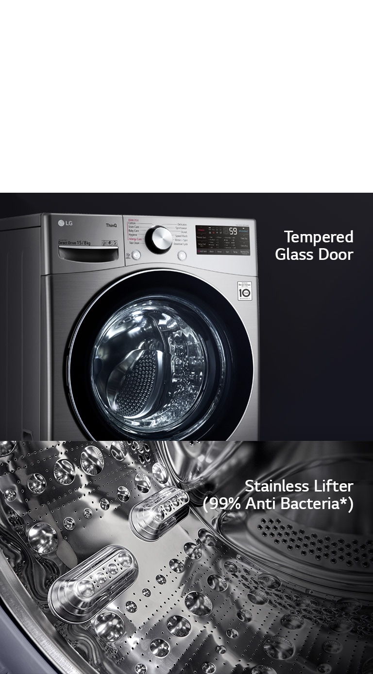 One image shows the front of the washing machine front load washer bringing focus to the tempered glass door. Second image shows the interior of the drum with focus on the stainless steel design.